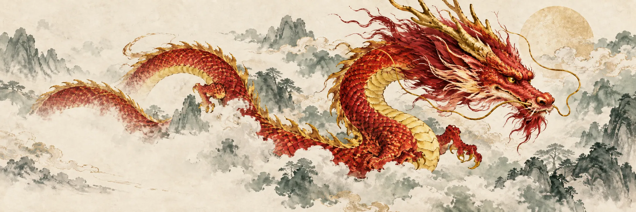 A crimson dragon with gold horns and scales winding through misty mountains.