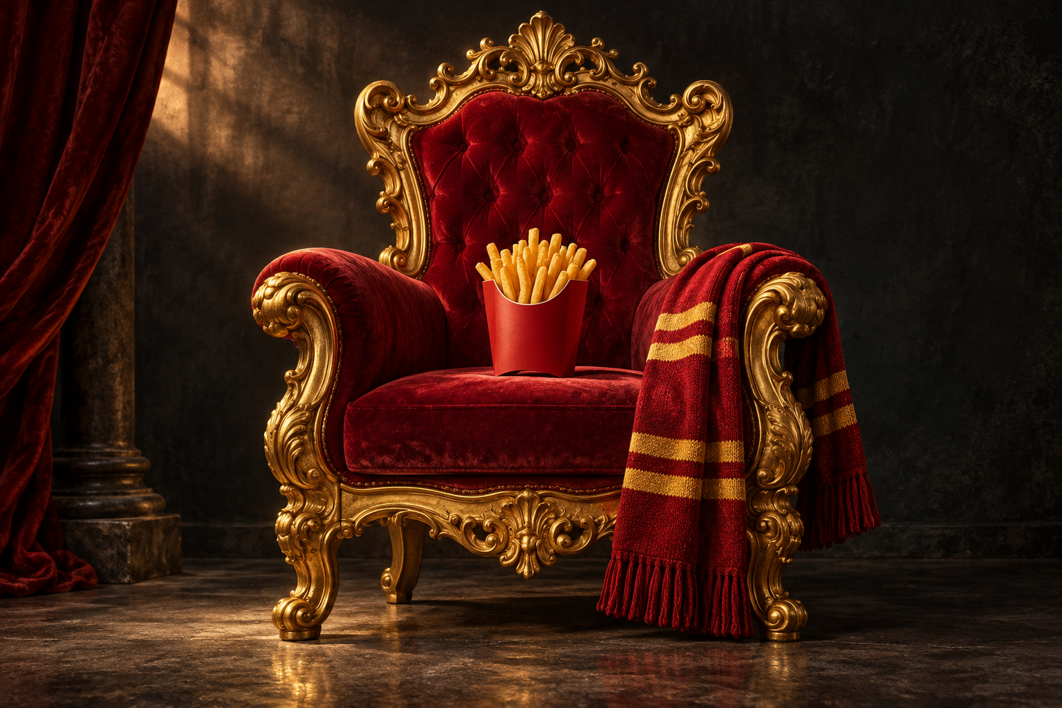 A carton of fries on a gold throne with crimson velvet and a red-and-gold football scarf.